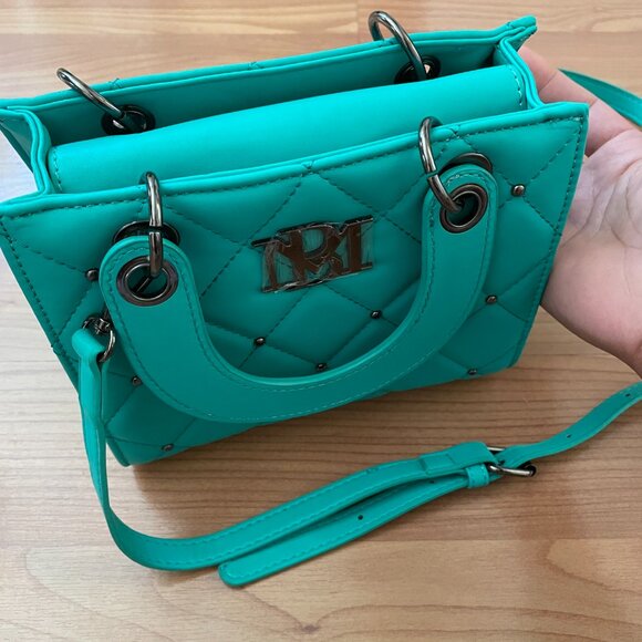 FIRM. $129 Badgley Mischka Diamond Purse, Vegan Leather Studded Branded Gunmetal - Picture 6 of 14